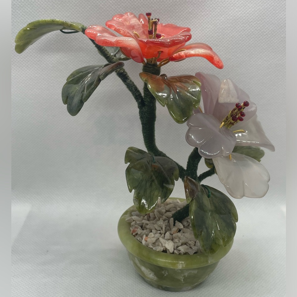 Vintage Chinese Jade Bonsai Tree Flower Blossom Marble Pot 5”Asian Glass Flowers